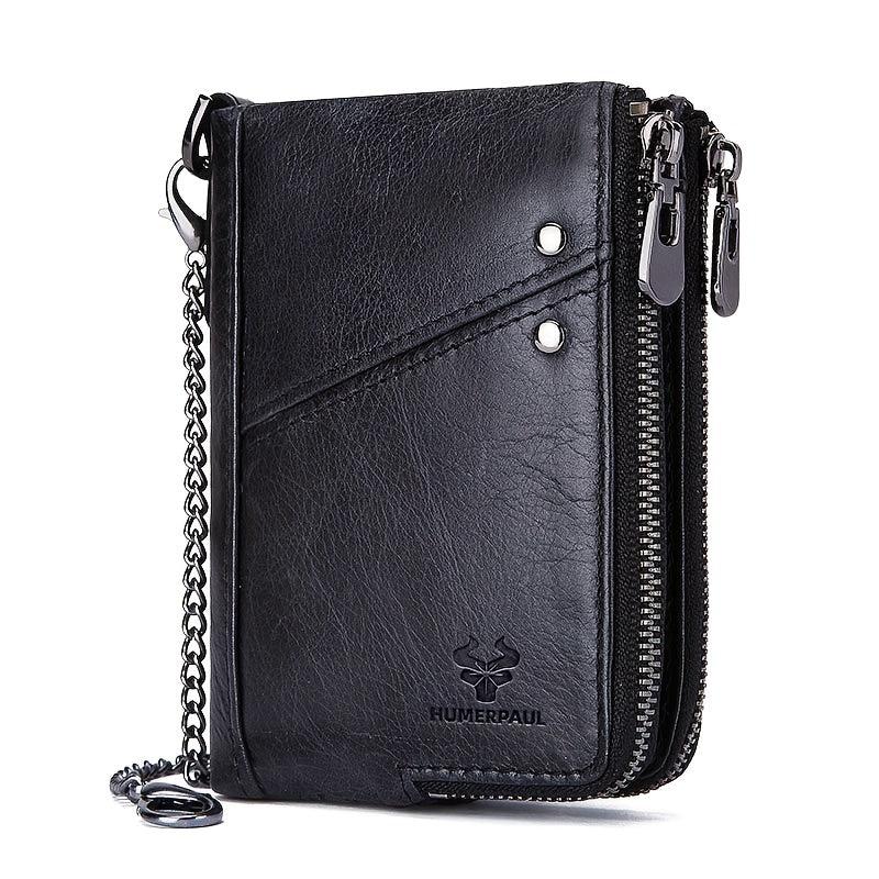 RFID Blocking Men's Leather Wallet Double Zipper Button Wallet