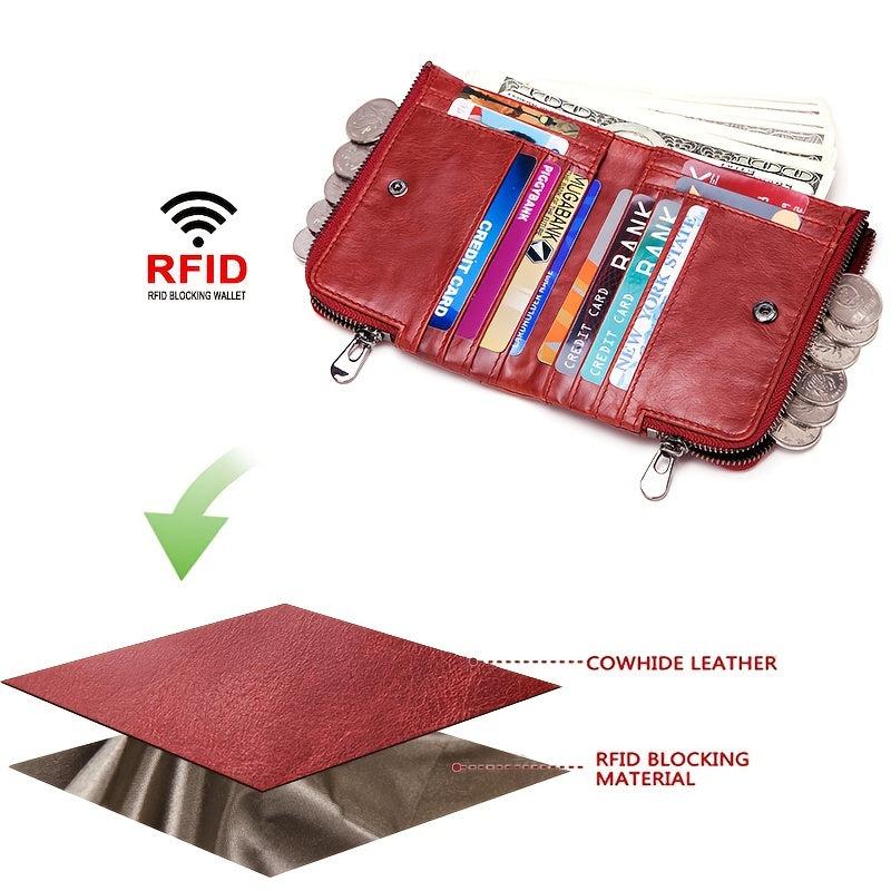 RFID Blocking Men's Leather Wallet Double Zipper Button Wallet