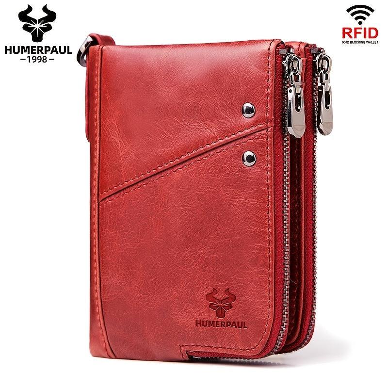 RFID Blocking Men's Leather Wallet Double Zipper Button Wallet