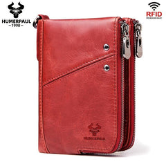 RFID Blocking Men's Leather Wallet Double Zipper Button Wallet
