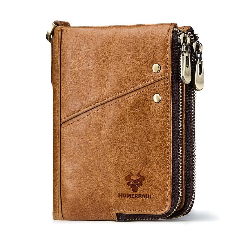 RFID Blocking Men's Leather Wallet Double Zipper Button Wallet