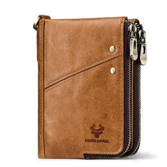 RFID Blocking Men's Leather Wallet Double Zipper Button Wallet