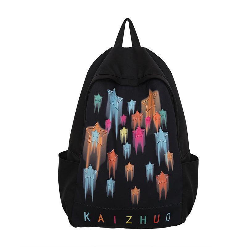 Colorful Star Print Backpack Colorblock Schoolbag Casual Nylon Travel Rucksack