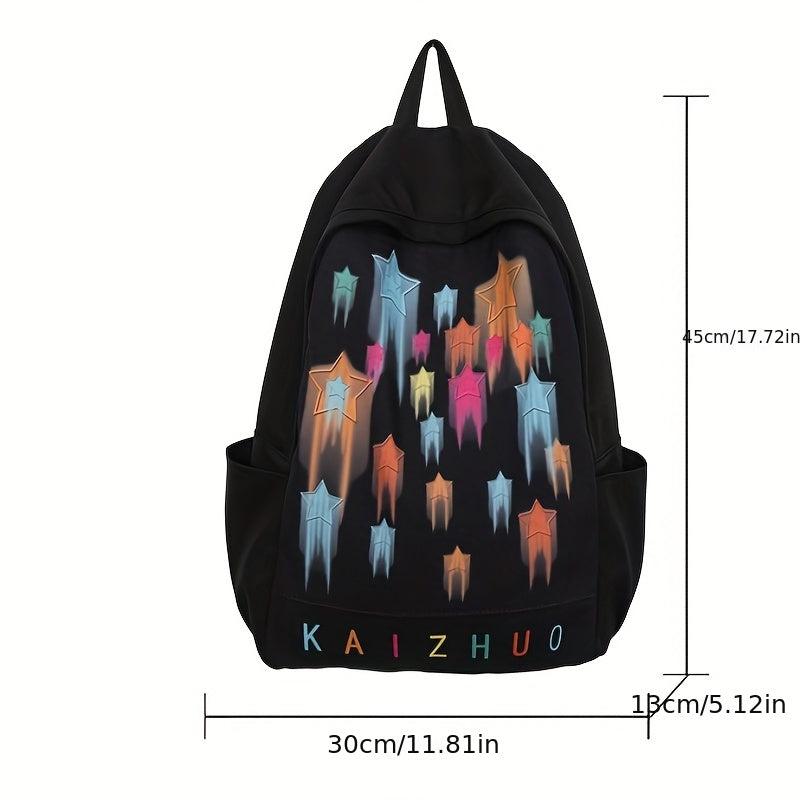Colorful Star Print Backpack Colorblock Schoolbag Casual Nylon Travel Rucksack