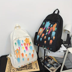 Colorful Star Print Backpack Colorblock Schoolbag Casual Nylon Travel Rucksack