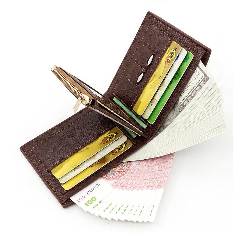 Men's Leather Short Wallet Money Clip Card Holder with Zipper Coin Pocket