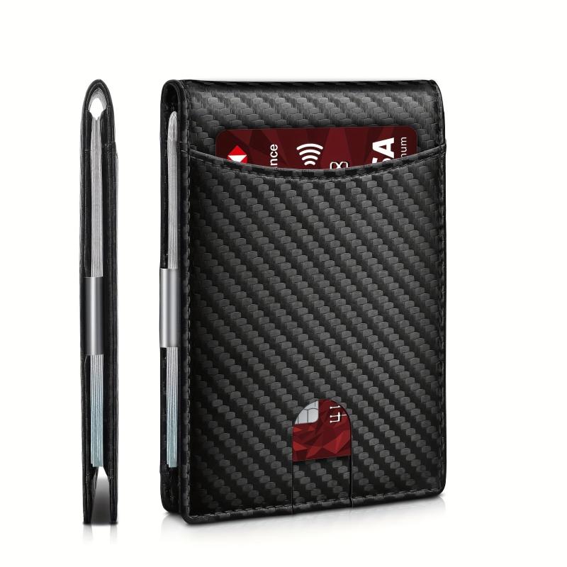 Men's RFID Blocking Money Clip Carbon Fiber Bifold Card Holder