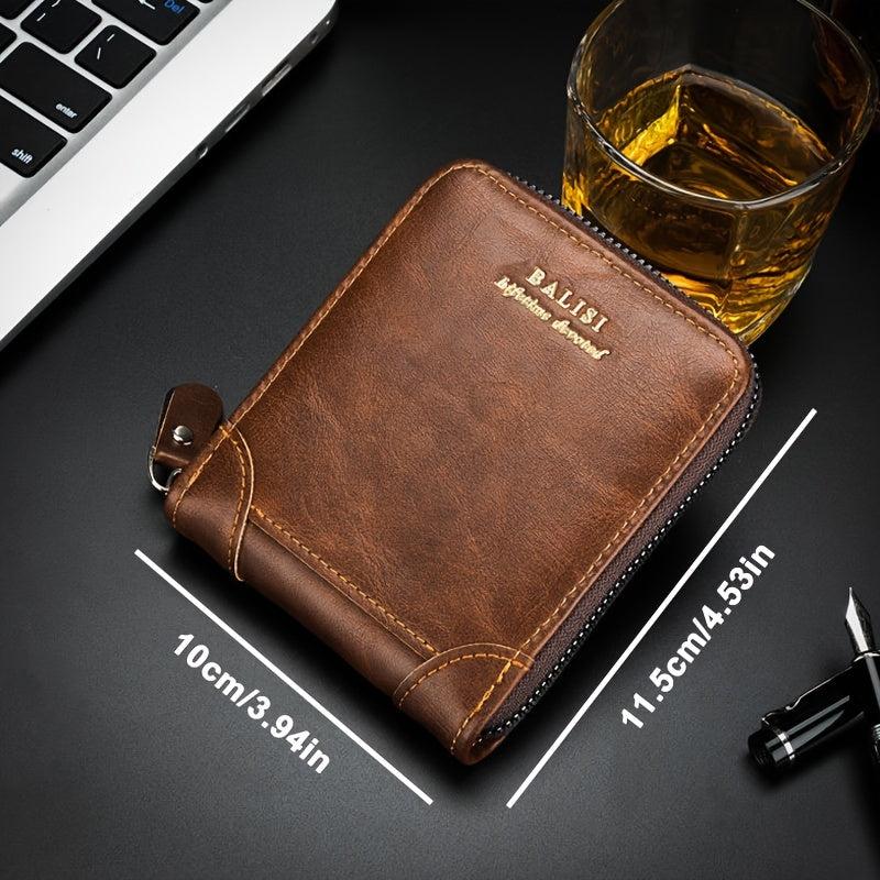 Men's Zipper Card Holder Short Wallet Leather Large Capacity Driver's Holder