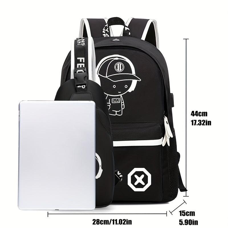 2pcs Cartoon Print Backpack Set Large Capacity Casual Travel School Bag