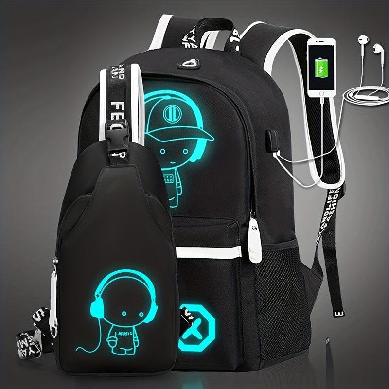 2pcs Cartoon Print Backpack Set Large Capacity Casual Travel School Bag