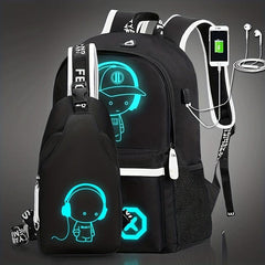 2pcs Cartoon Print Backpack Set Large Capacity Casual Travel School Bag