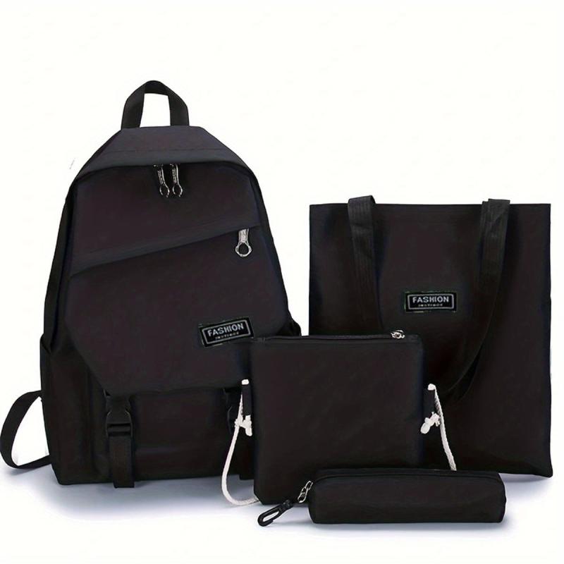 4pcs Student Backpack Crossbody Bag Set Solid Preppy Travel Casual Backpack