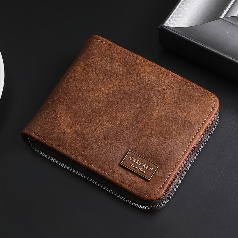 Men's PU Leather Folding Wallet with Zipper Closure and Card Holder