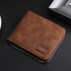Men's PU Leather Folding Wallet with Zipper Closure and Card Holder