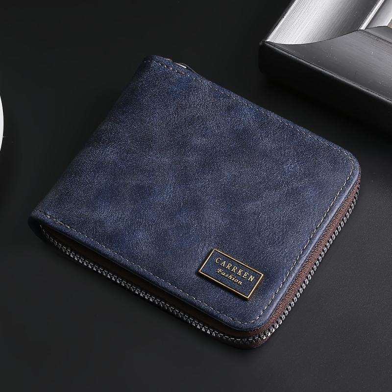 Men's PU Leather Folding Wallet with Zipper Closure and Card Holder