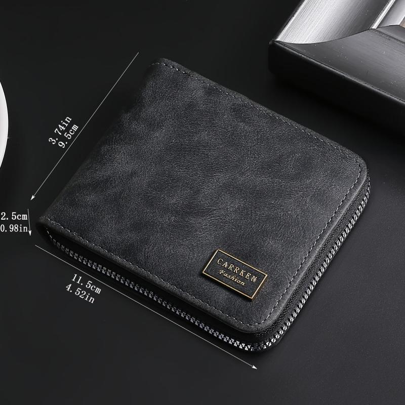 Men's PU Leather Folding Wallet with Zipper Closure and Card Holder