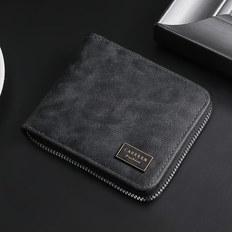 Men's PU Leather Folding Wallet with Zipper Closure and Card Holder
