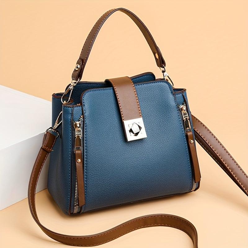 Small Contrast Handbag Buckle Decor Crossbody Bag Retro Printed PU Leather Purse