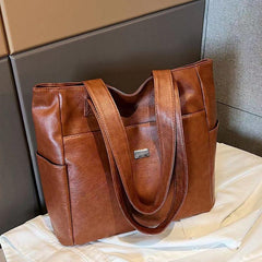 Solid Tote Bag Soft PU Leather Large Capacity Handbag
