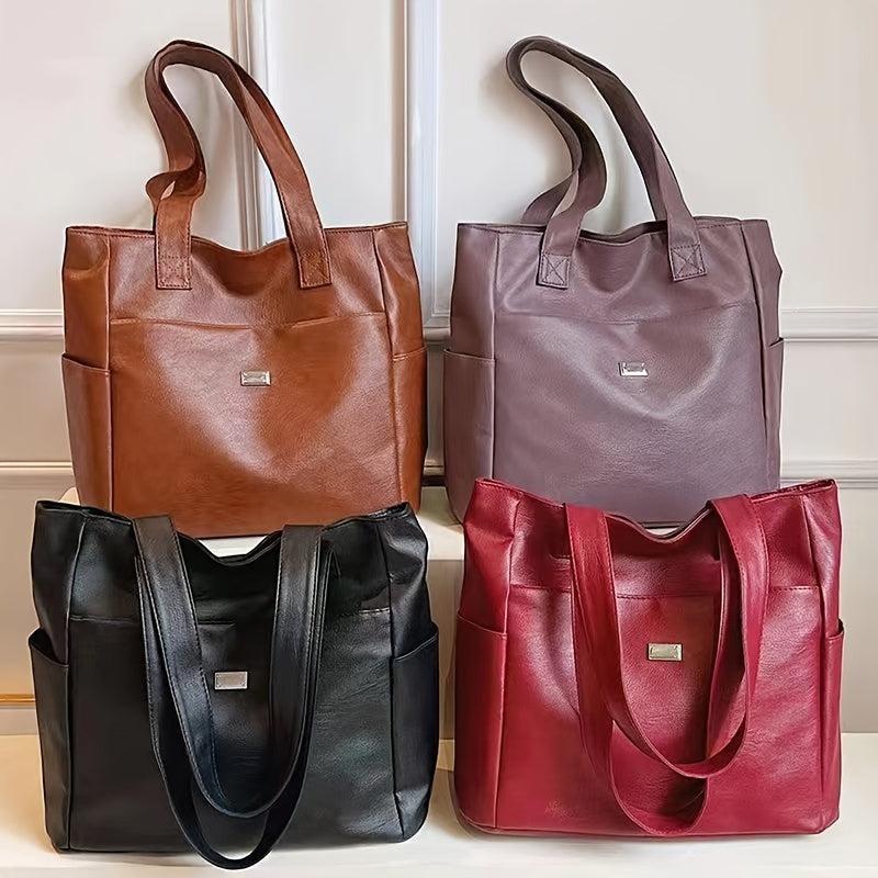 Solid Tote Bag Soft PU Leather Large Capacity Handbag