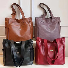 Solid Tote Bag Soft PU Leather Large Capacity Handbag
