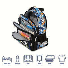 Football Print Backpack for Boys, Lightweight, Waterproof, Large Capacity