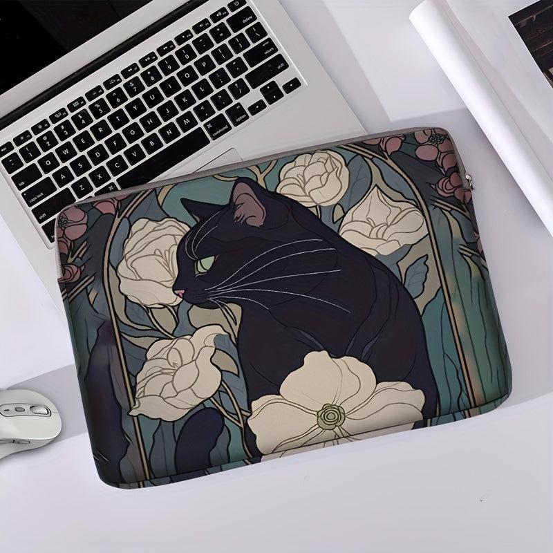 Cat with Peonies Laptop Sleeve 38cm Zip Closure Polyester Office College Commute