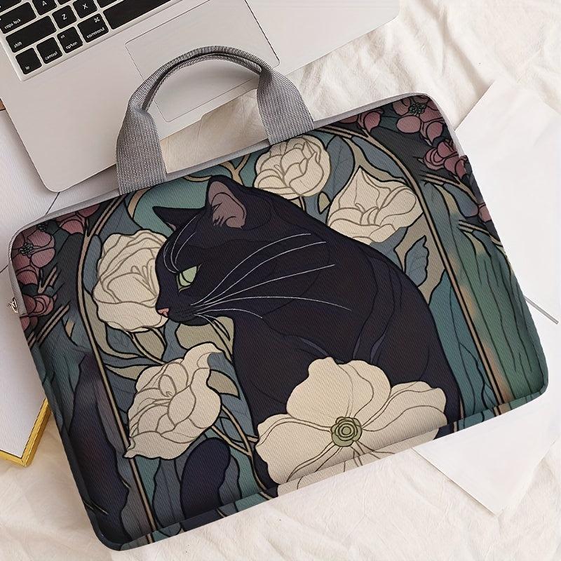 Cat with Peonies Laptop Sleeve 38cm Zip Closure Polyester Office College Commute