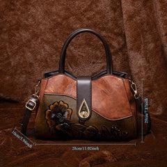 Vintage Floral Embossed Handbag for Women Large Capacity Deep Brown