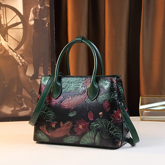 Hand Painted Koi Fish & Lotus Tote Bag - Large Capacity