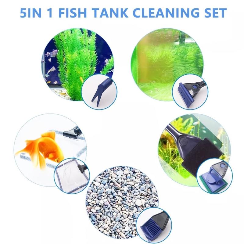 5-in-1 Aquarium Cleaning Set Gravel Rake Algae Scraper Fork Sponge Brush