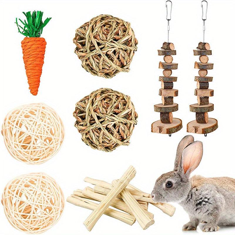 8 Piece Pet Teething Toy Set Wooden & Rattan Balls for Small Animals