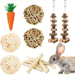 8 Piece Pet Teething Toy Set Wooden & Rattan Balls for Small Animals