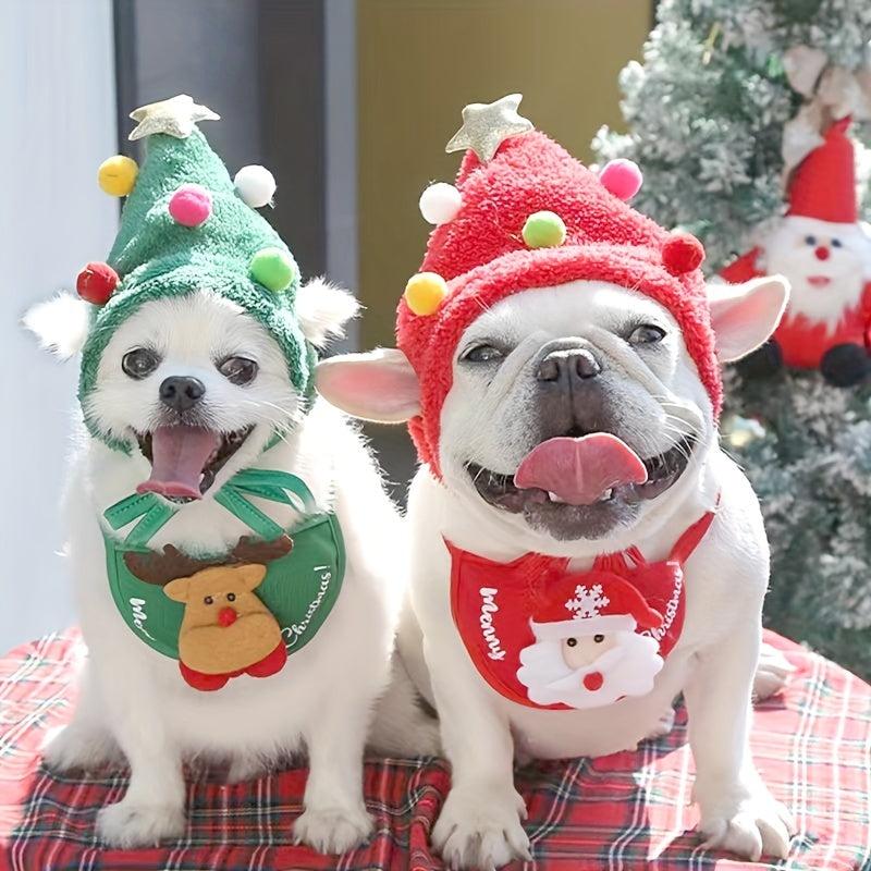 Christmas Pet Hat Bib Santa Claus Decoration Set for Small Dogs and Cats