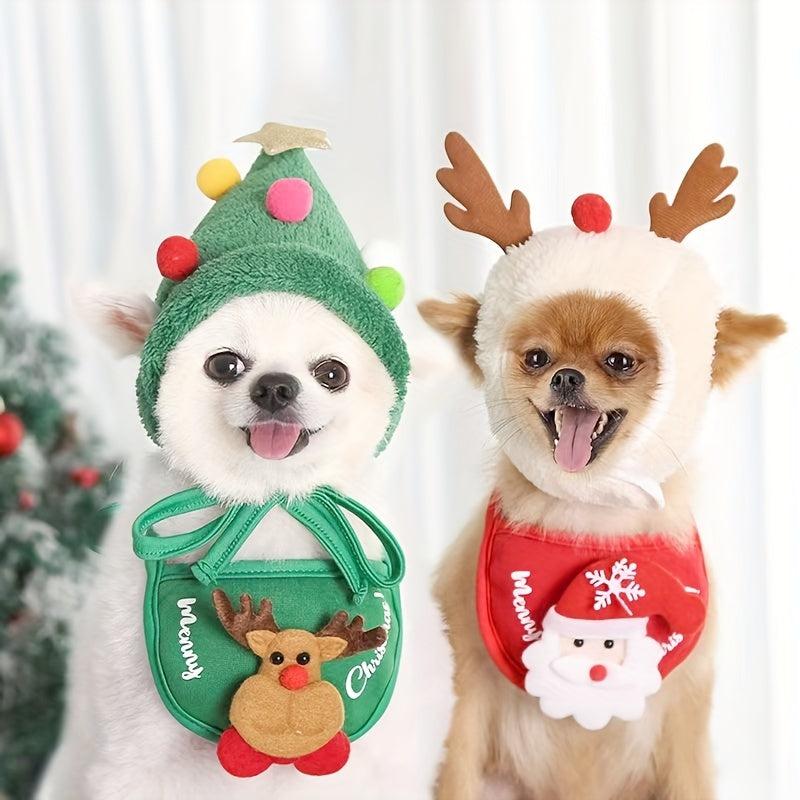 Christmas Pet Hat Bib Santa Claus Decoration Set for Small Dogs and Cats