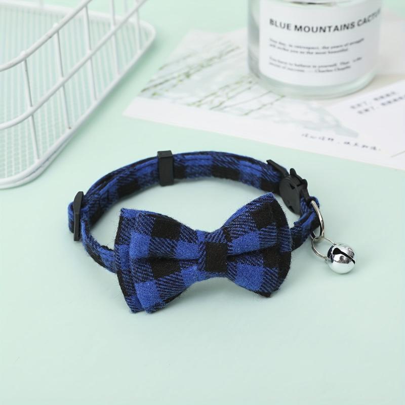 Plaid Pet Bow Tie Dog Cat Collar With Bell