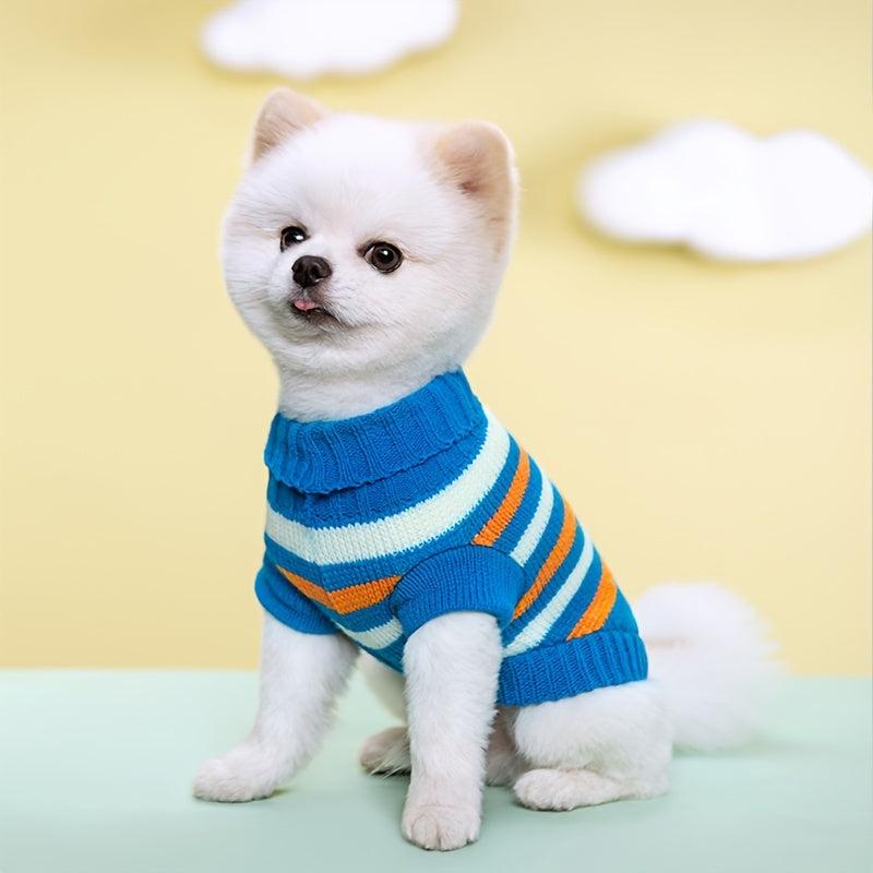 Colorful Stripe Dog Sweater Warm Pet Clothing Elastic Lapel Knitted Woolen Coat