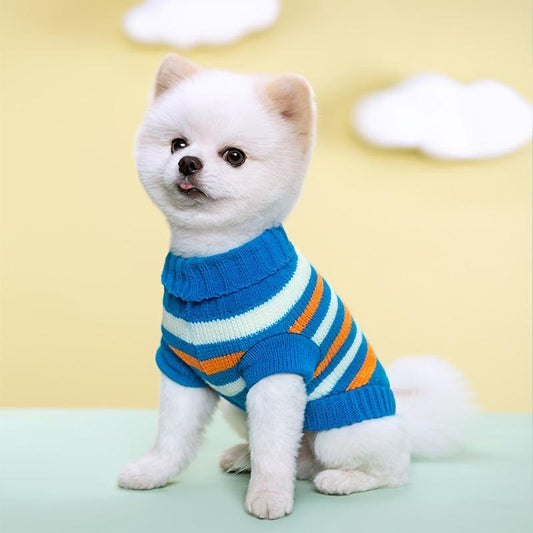 Colorful Stripe Dog Sweater Warm Pet Clothing Elastic Lapel Knitted Woolen Coat