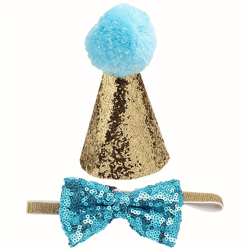 Sparkly Pet Sequin Pompom Hat & Bow Set for Dogs & Cats