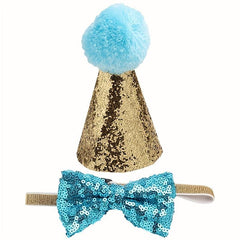 Sparkly Pet Sequin Pompom Hat & Bow Set for Dogs & Cats