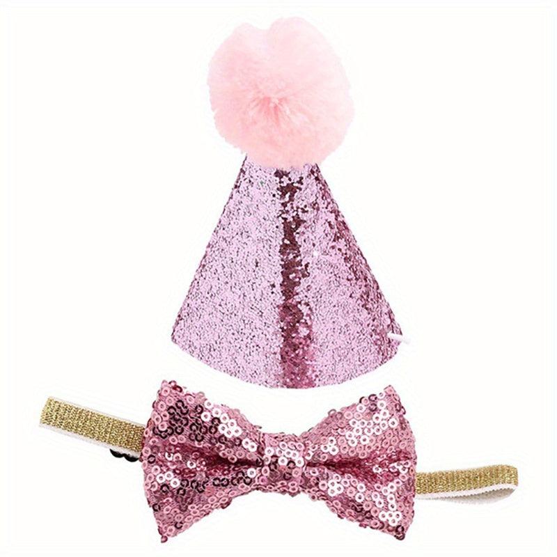 Sparkly Pet Sequin Pompom Hat & Bow Set for Dogs & Cats