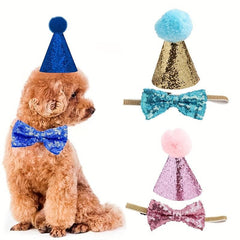 Sparkly Pet Sequin Pompom Hat & Bow Set for Dogs & Cats