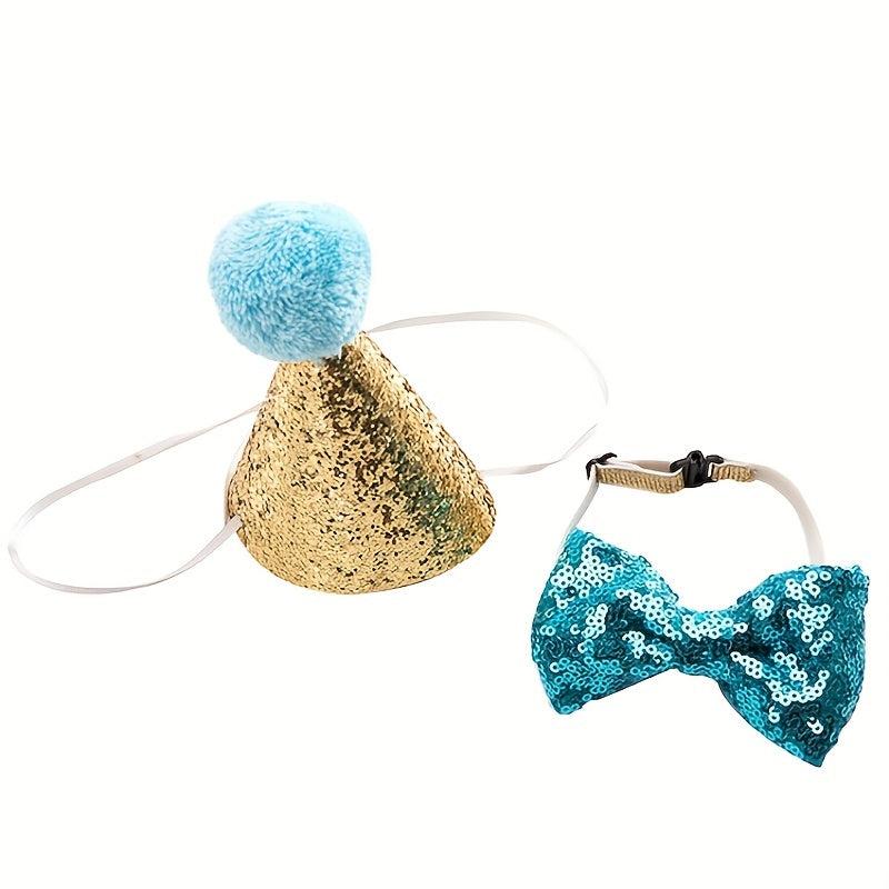Sparkly Pet Sequin Pompom Hat & Bow Set for Dogs & Cats