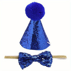Sparkly Pet Sequin Pompom Hat & Bow Set for Dogs & Cats