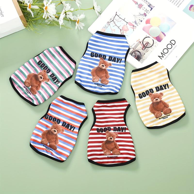 Bear Graphic Pet Vest Striped Dog Shirt Thin Summer Clothes Cats Dogs