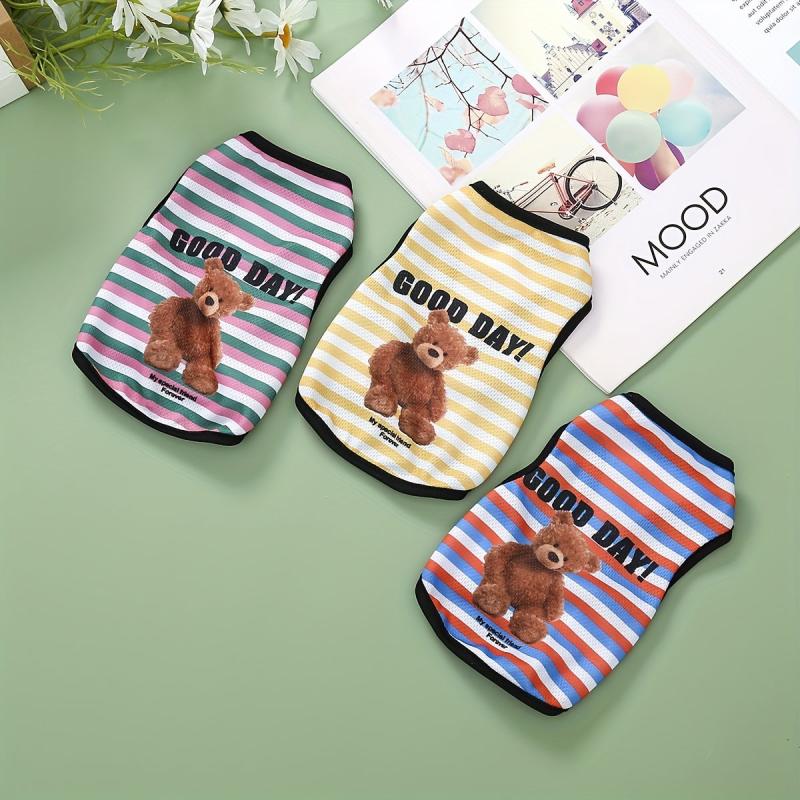 Bear Graphic Pet Vest Striped Dog Shirt Thin Summer Clothes Cats Dogs