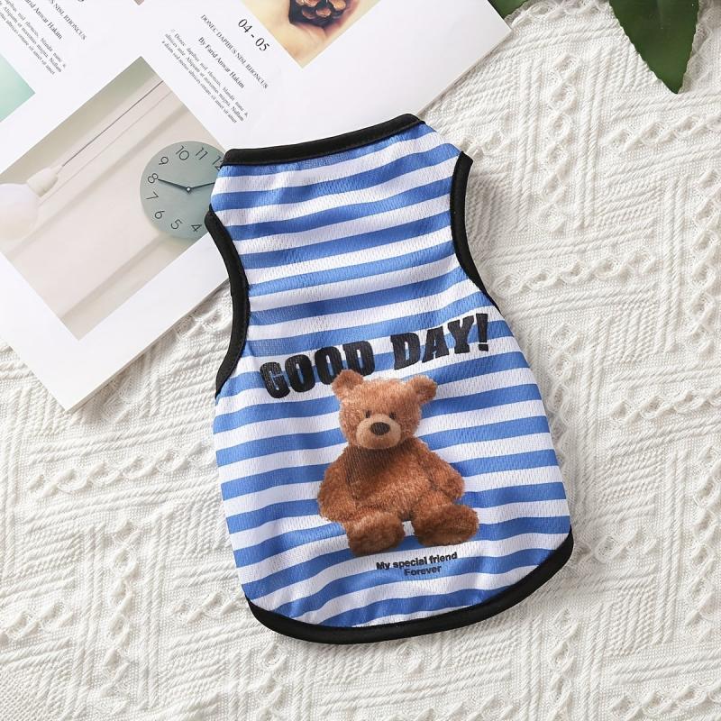 Bear Graphic Pet Vest Striped Dog Shirt Thin Summer Clothes Cats Dogs