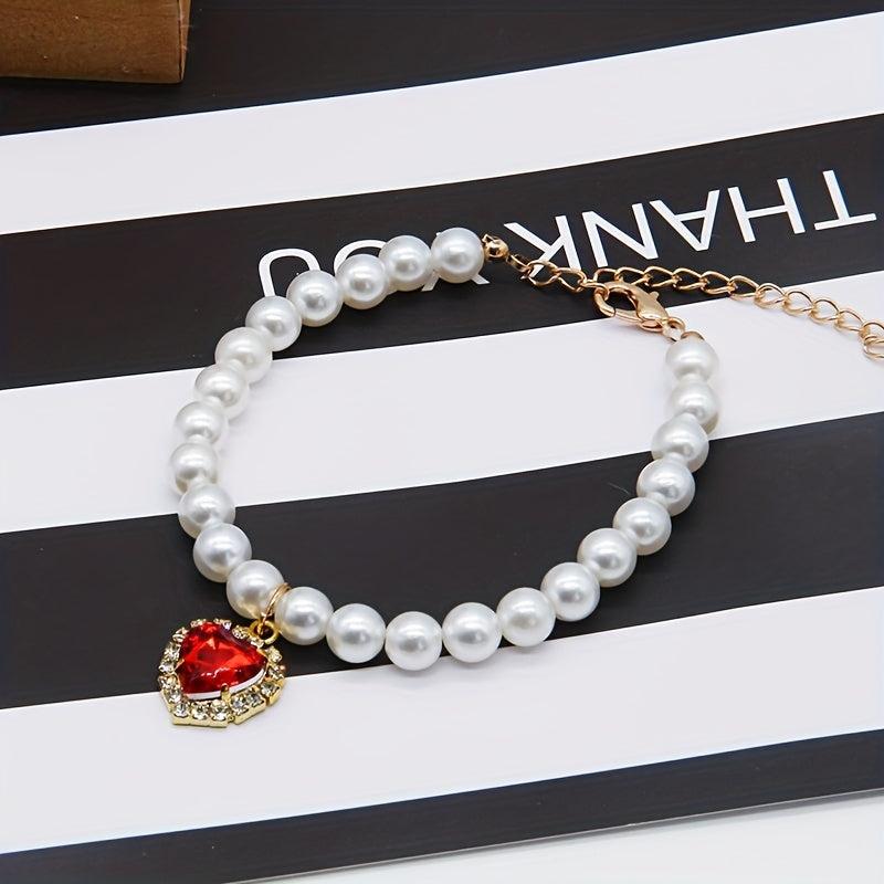 Faux Pearl Pet Necklace Cat Dog Collar Small Animal Heart Pendant Jewelry