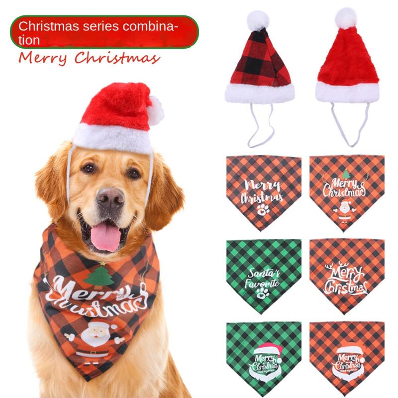 Pet Christmas Hat & Saliva Towel Set Dog Decorative Headwear