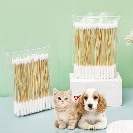 50pcs Pet Cotton Swabs Double Headed Stick Wooden Handle